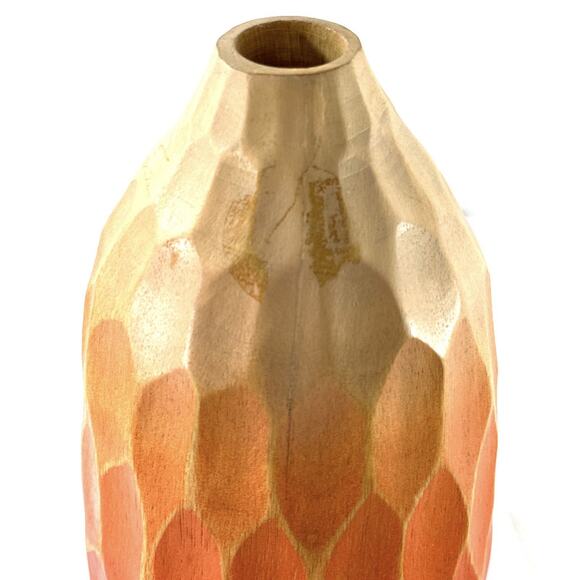 Hand Carved Wooden Decorative Vase Faceted Orange & Natural Wood Thailand 10” - Picture 6 of 7